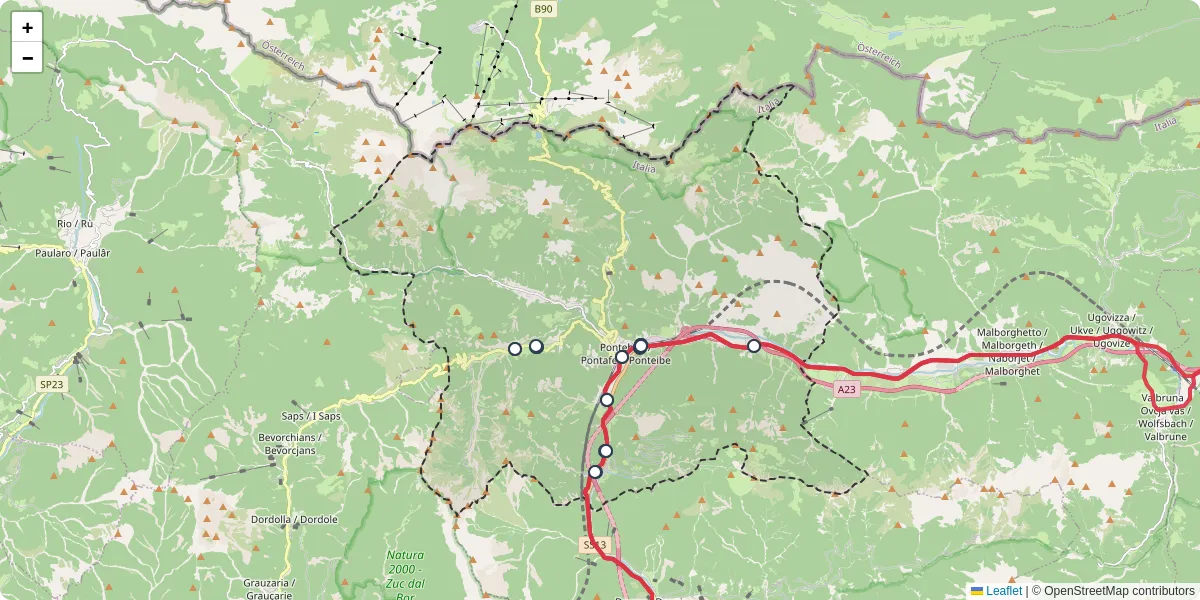 Mappa dettagliata del trasporto pubblico a Pontebba / Ponteibe / Pontafel / Tablija con linee autobus, tram e collegamenti