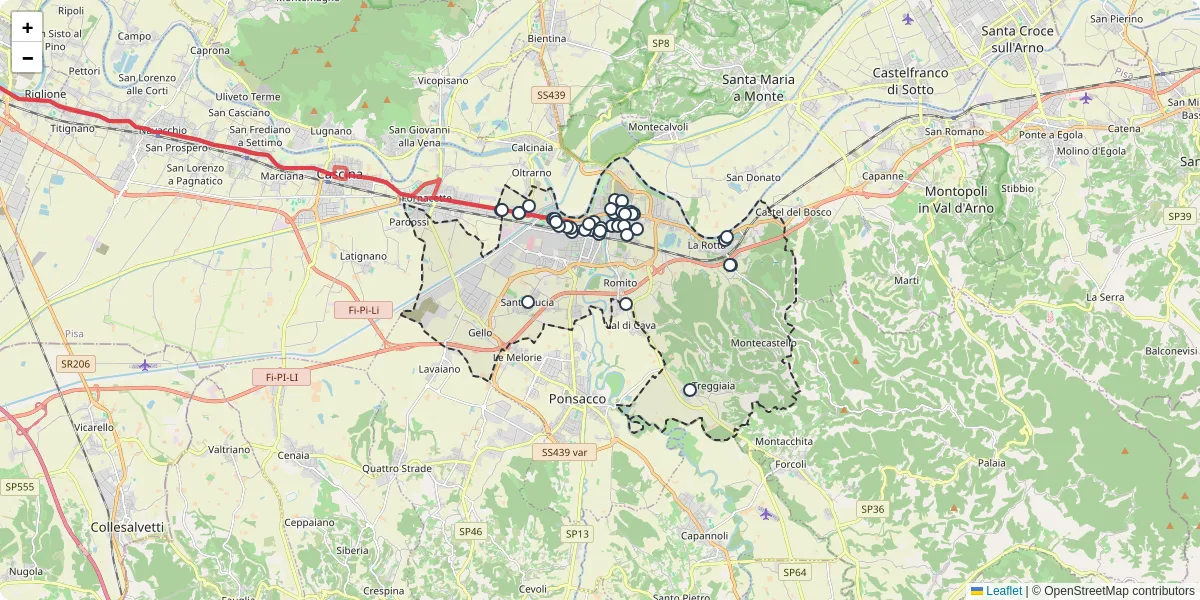 Mappa dettagliata del trasporto pubblico a Pontedera con linee autobus, tram e collegamenti