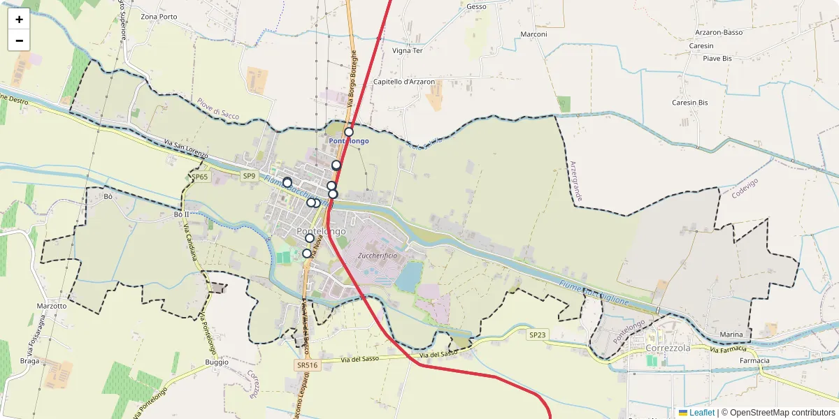 Mappa dettagliata del trasporto pubblico a Pontelongo con linee autobus, tram e collegamenti
