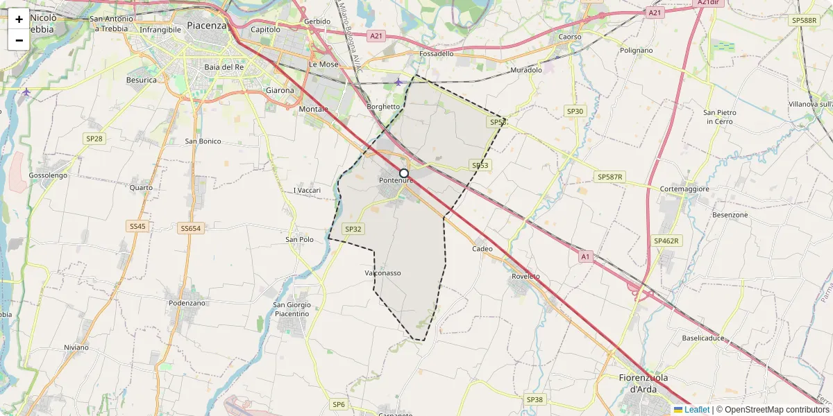 Mappa dettagliata del trasporto pubblico a Pontenure con linee autobus, tram e collegamenti