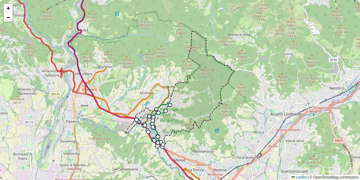 Mappa dettagliata del trasporto pubblico a Ponteranica con linee autobus, tram e collegamenti