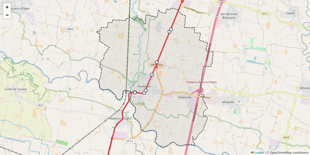 Mappa dettagliata del trasporto pubblico a Pontevico con linee autobus, tram e collegamenti