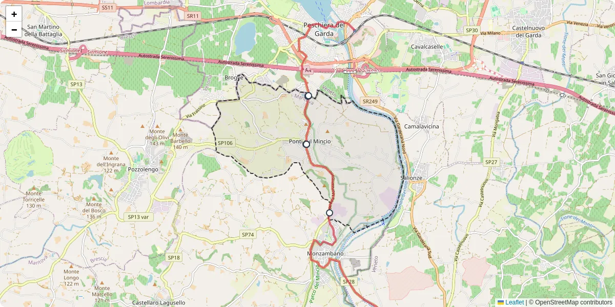 Mappa dettagliata del trasporto pubblico a Ponti sul Mincio con linee autobus, tram e collegamenti