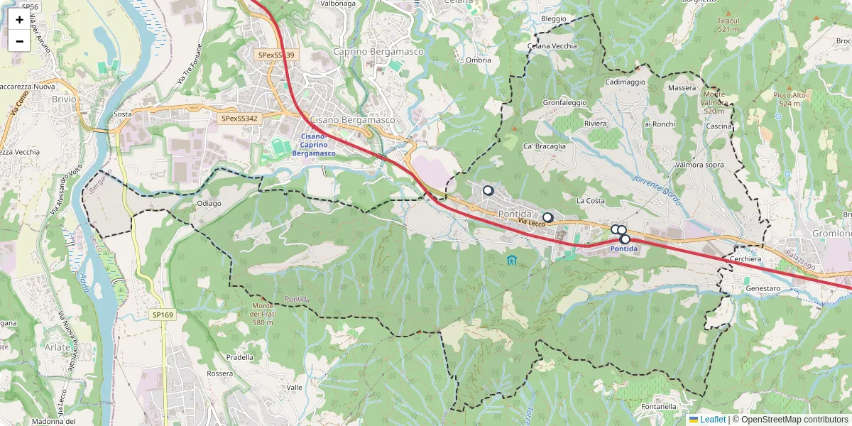 Mappa dettagliata del trasporto pubblico a Pontida con linee autobus, tram e collegamenti