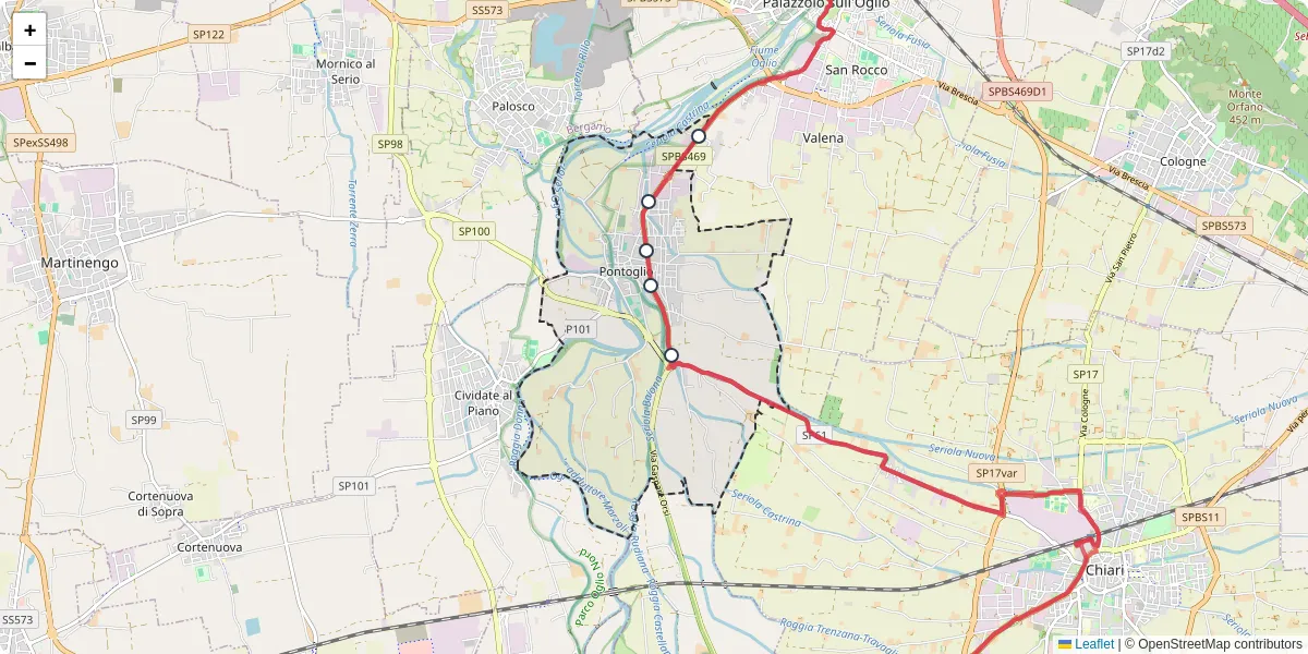 Mappa dettagliata del trasporto pubblico a Pontoglio con linee autobus, tram e collegamenti