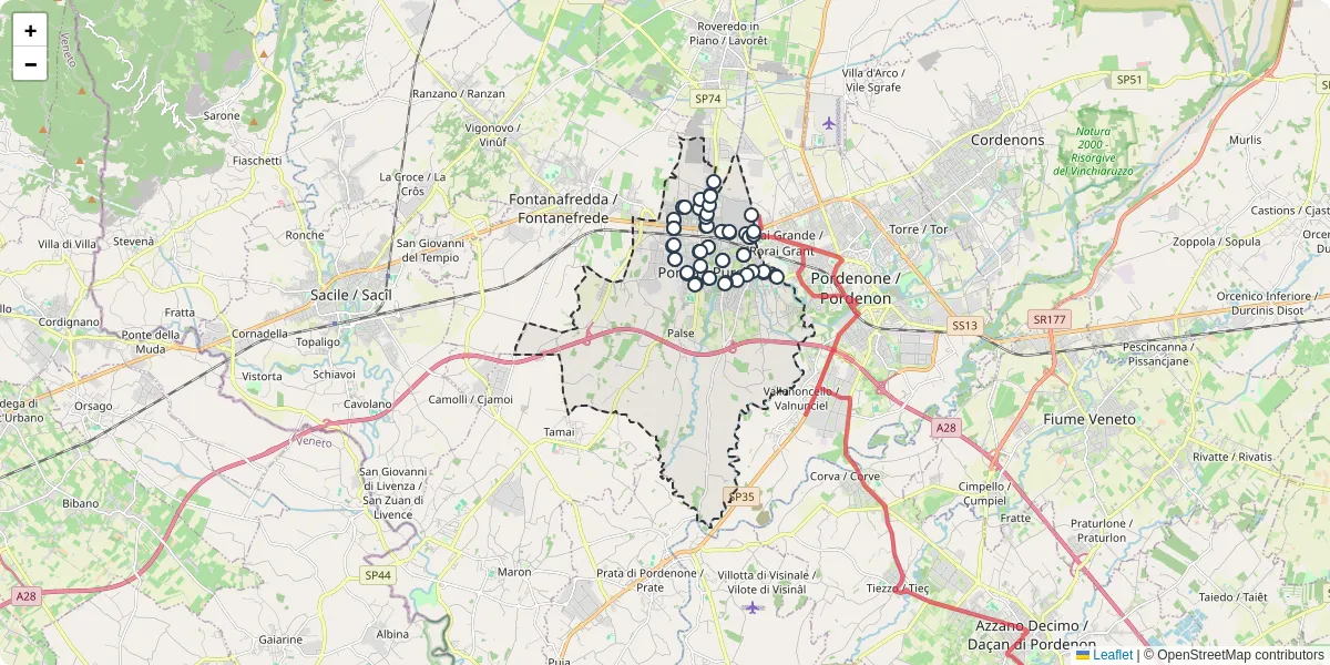 Mappa dettagliata del trasporto pubblico a Porcia con linee autobus, tram e collegamenti