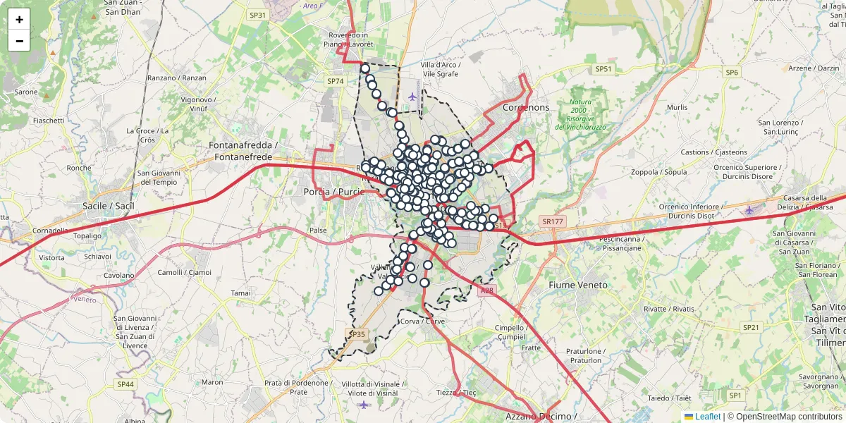 Mappa dettagliata del trasporto pubblico a Pordenone / Pordenon con linee autobus, tram e collegamenti