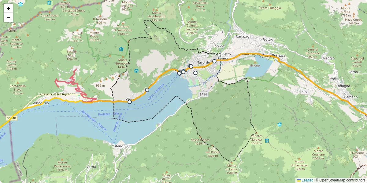 Mappa dettagliata del trasporto pubblico a Porlezza con linee autobus, tram e collegamenti