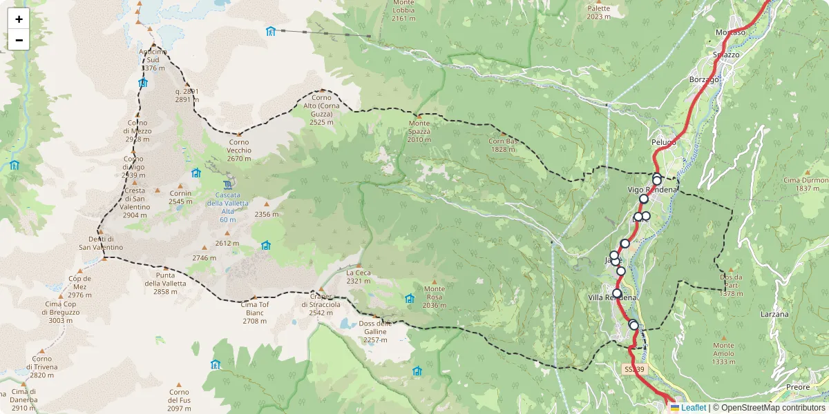 Mappa dettagliata del trasporto pubblico a Porte di Rendena con linee autobus, tram e collegamenti