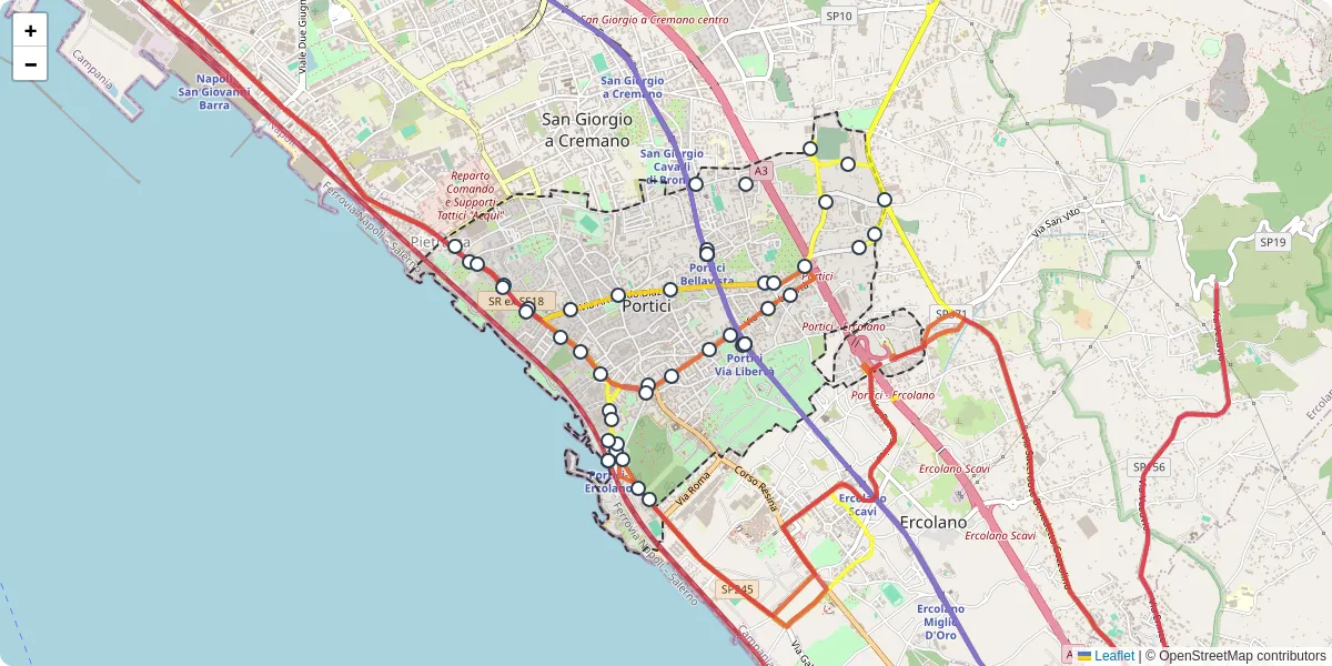 Mappa dettagliata del trasporto pubblico a Portici con linee autobus, tram e collegamenti