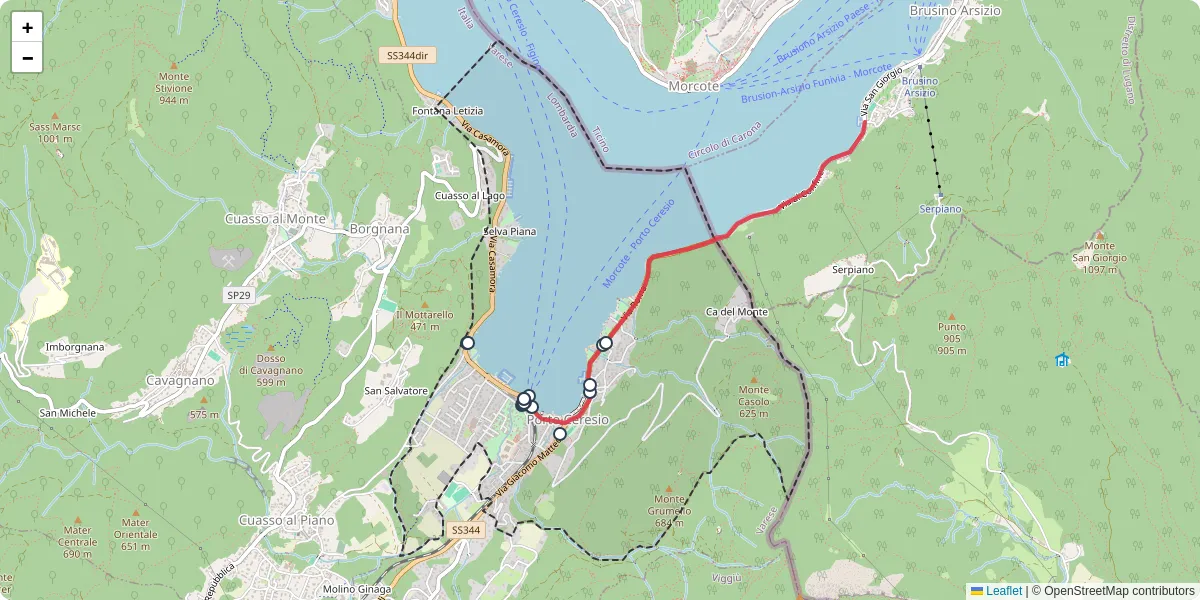 Mappa dettagliata del trasporto pubblico a Porto Ceresio con linee autobus, tram e collegamenti