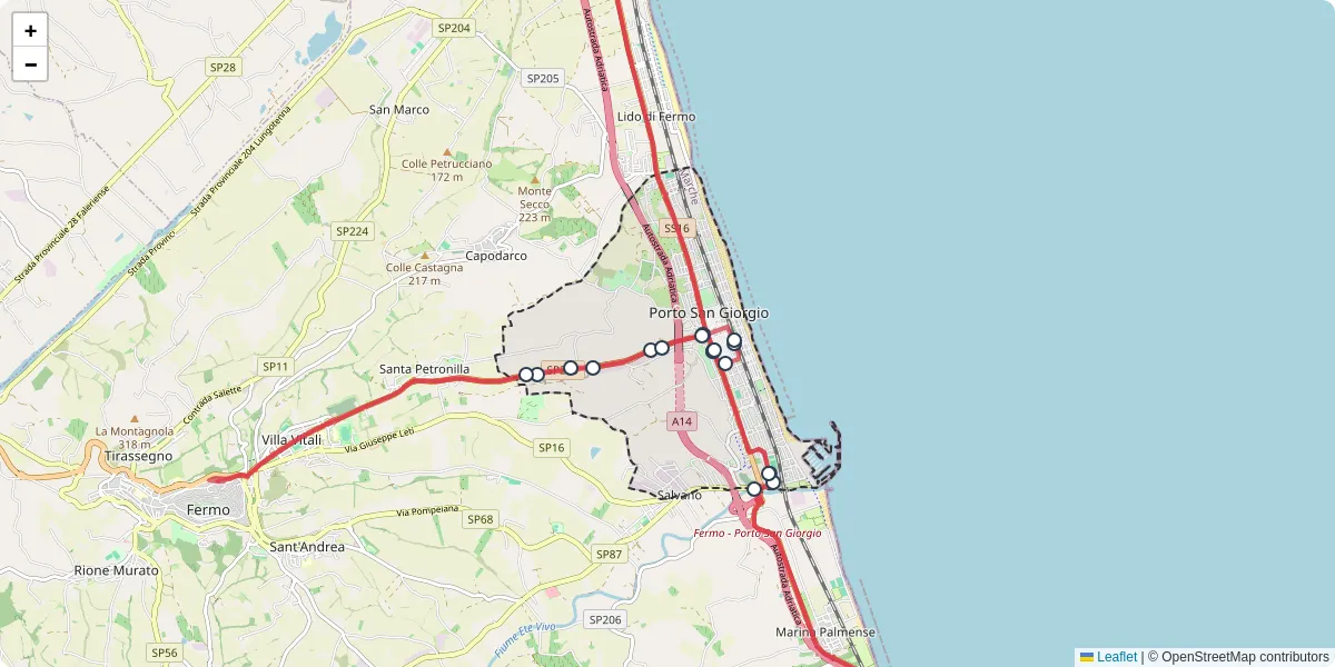 Mappa dettagliata del trasporto pubblico a Porto San Giorgio con linee autobus, tram e collegamenti