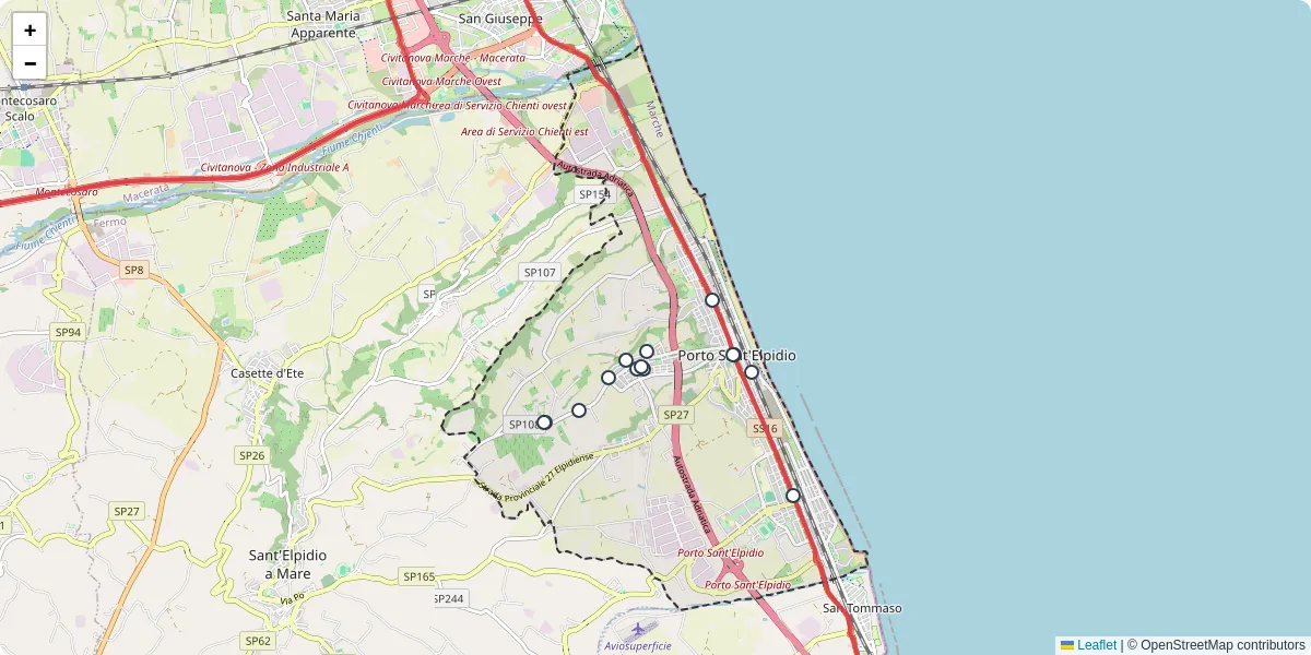 Mappa dettagliata del trasporto pubblico a Porto Sant'Elpidio con linee autobus, tram e collegamenti