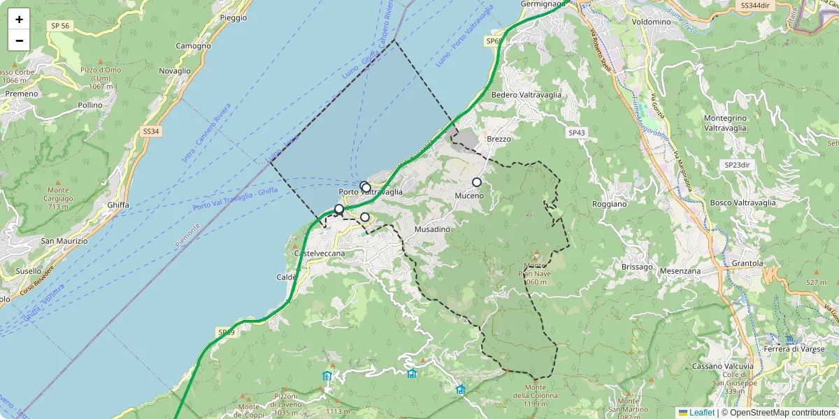 Mappa dettagliata del trasporto pubblico a Porto Valtravaglia con linee autobus, tram e collegamenti