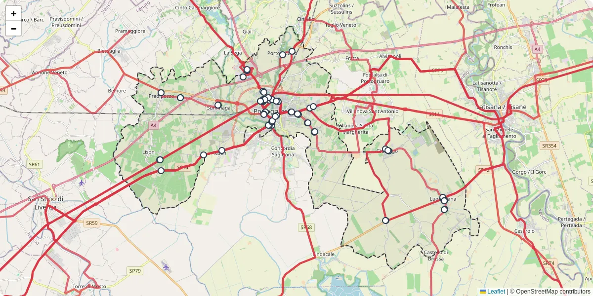Mappa dettagliata del trasporto pubblico a Portogruaro con linee autobus, tram e collegamenti