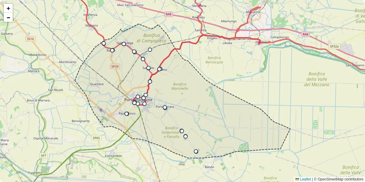 Mappa dettagliata del trasporto pubblico a Portomaggiore con linee autobus, tram e collegamenti