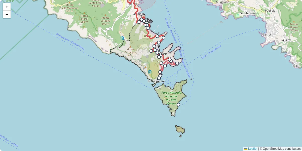 Mappa dettagliata del trasporto pubblico a Portovenere con linee autobus, tram e collegamenti