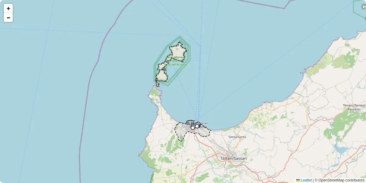 Mappa dettagliata del trasporto pubblico a Posthudorra/Porto Torres con linee autobus, tram e collegamenti