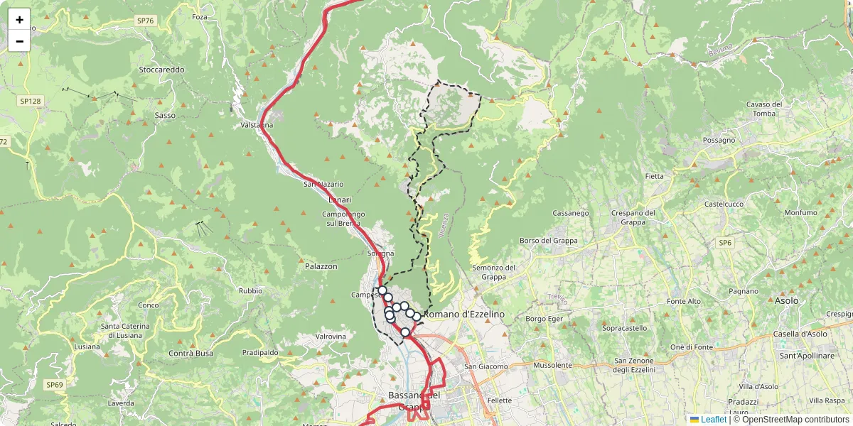 Mappa dettagliata del trasporto pubblico a Pove del Grappa con linee autobus, tram e collegamenti