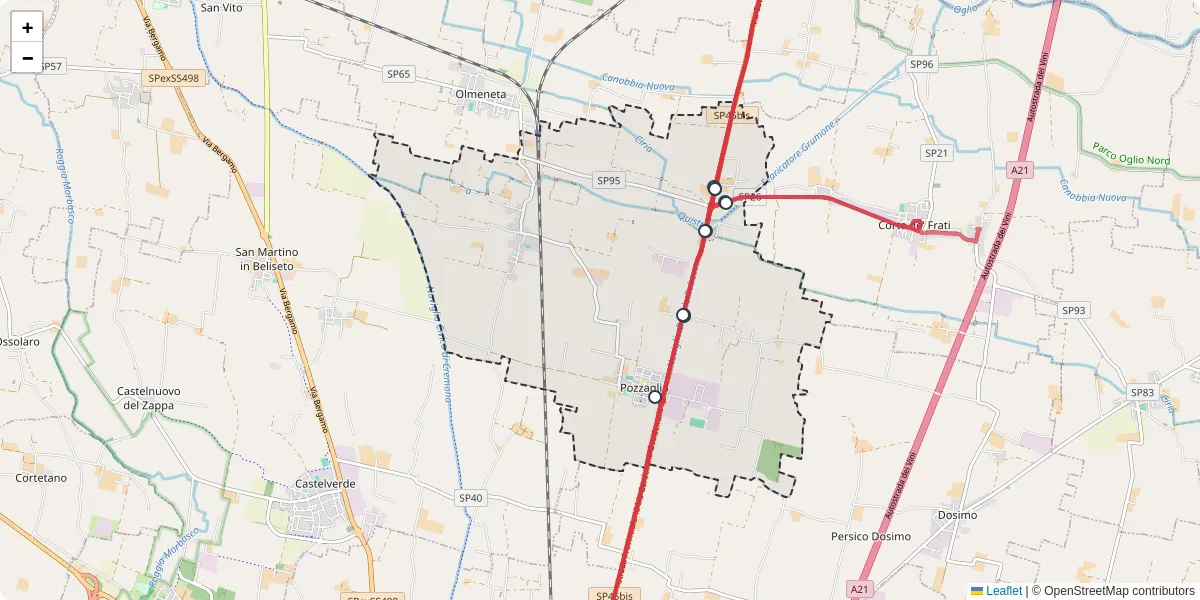Mappa dettagliata del trasporto pubblico a Pozzaglio ed Uniti con linee autobus, tram e collegamenti