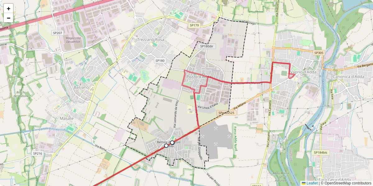 Mappa dettagliata del trasporto pubblico a Pozzo d'Adda con linee autobus, tram e collegamenti