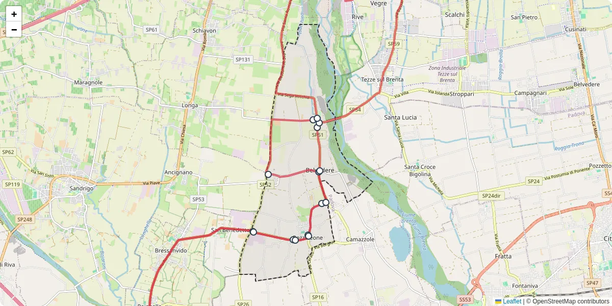 Mappa dettagliata del trasporto pubblico a Pozzoleone con linee autobus, tram e collegamenti