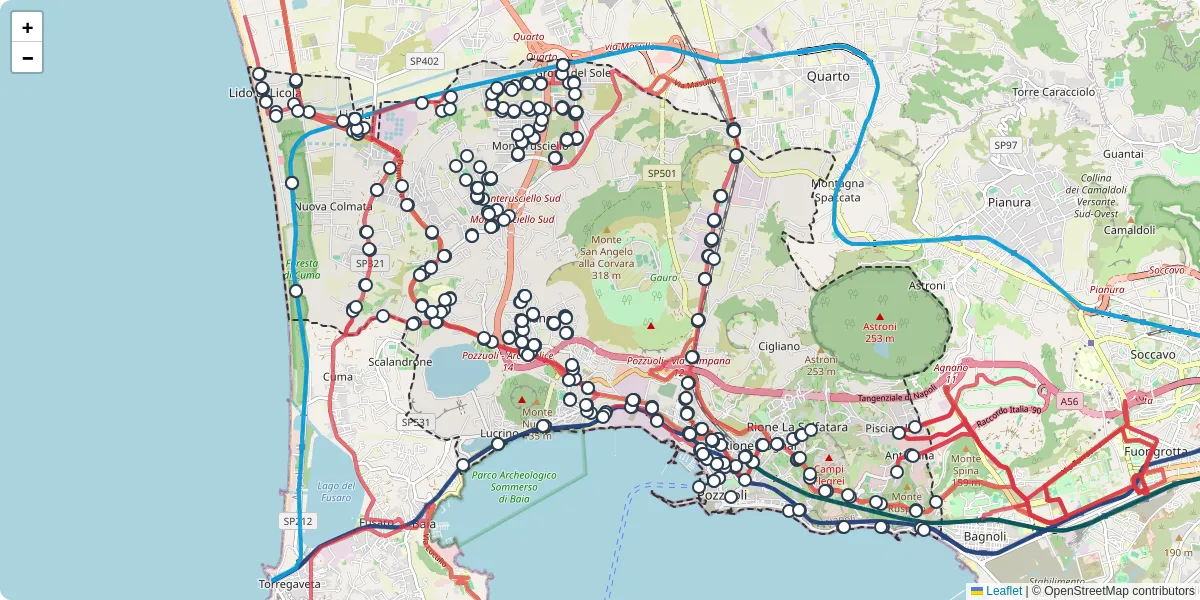 Mappa dettagliata del trasporto pubblico a Pozzuoli con linee autobus, tram e collegamenti