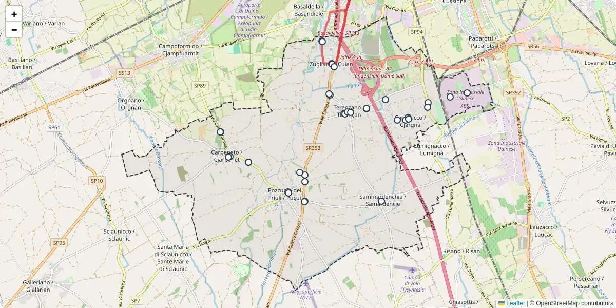 Mappa dettagliata del trasporto pubblico a Pozzuolo del Friuli / Puçui con linee autobus, tram e collegamenti