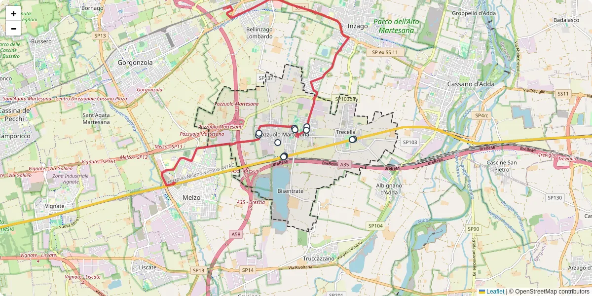 Mappa dettagliata del trasporto pubblico a Pozzuolo Martesana con linee autobus, tram e collegamenti