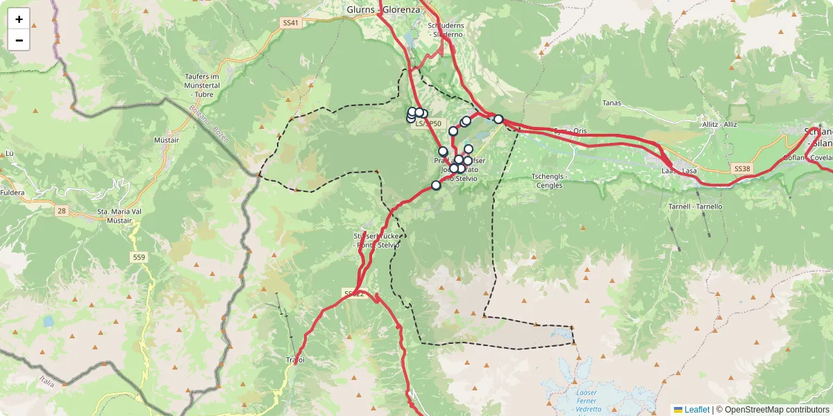 Mappa dettagliata del trasporto pubblico a Prad am Stilfserjoch - Prato allo Stelvio con linee autobus, tram e collegamenti