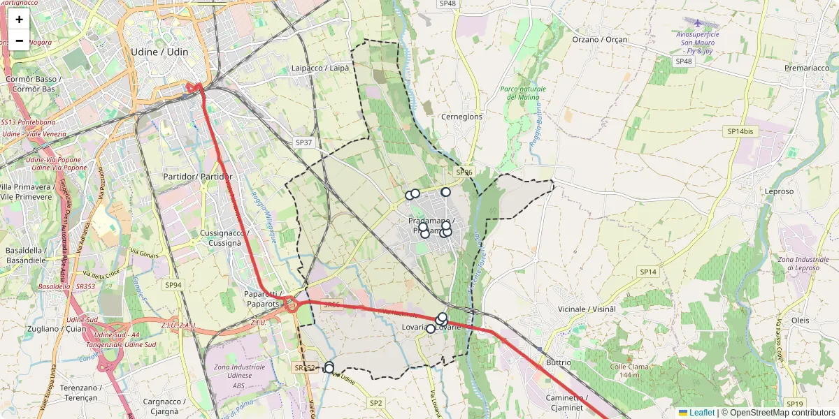 Mappa dettagliata del trasporto pubblico a Pradamano / Pradaman con linee autobus, tram e collegamenti
