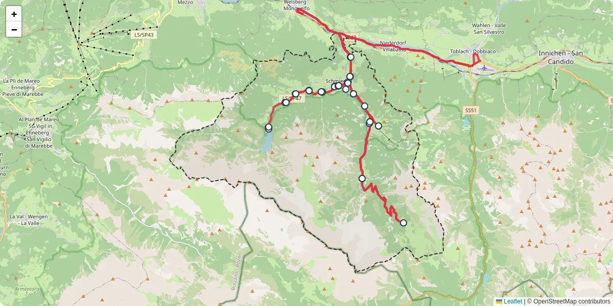 Mappa dettagliata del trasporto pubblico a Prags - Braies con linee autobus, tram e collegamenti