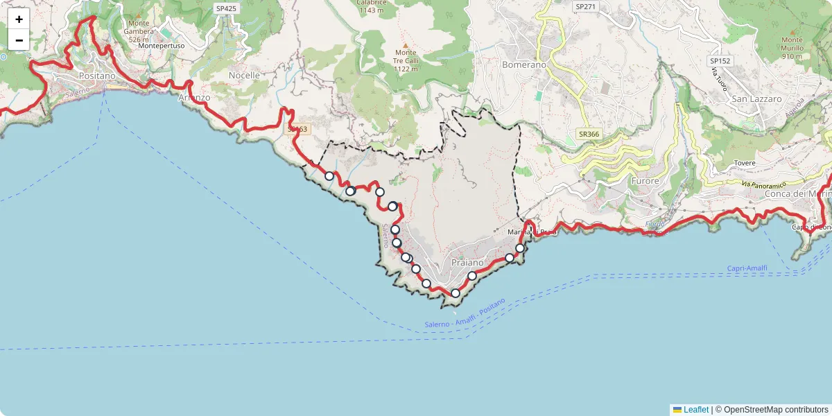 Mappa dettagliata del trasporto pubblico a Praiano con linee autobus, tram e collegamenti