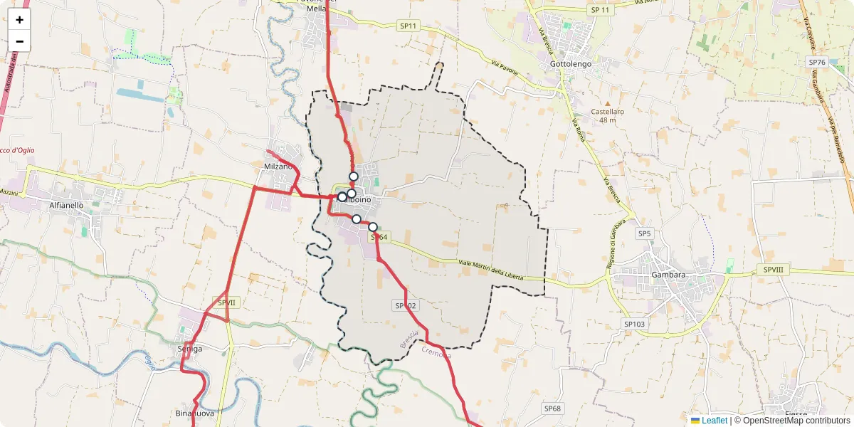 Mappa dettagliata del trasporto pubblico a Pralboino con linee autobus, tram e collegamenti
