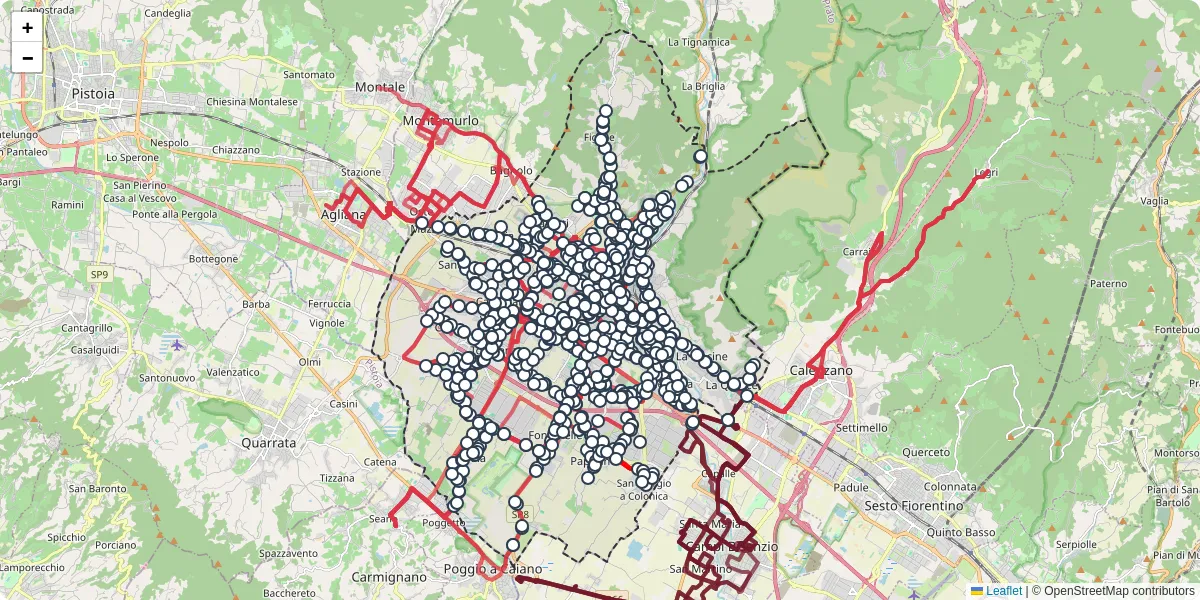 Mappa dettagliata del trasporto pubblico a Prato con linee autobus, tram e collegamenti