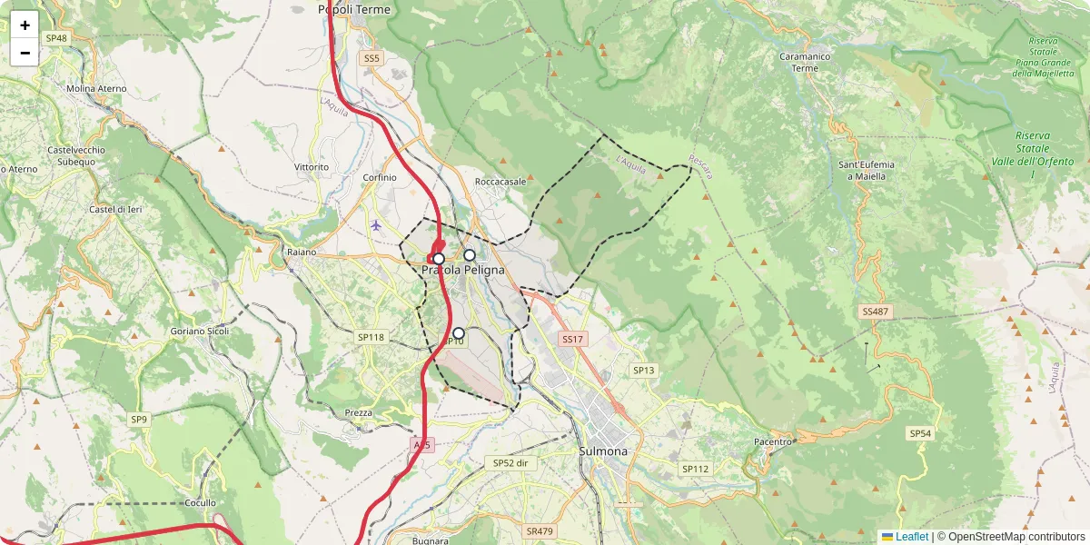 Mappa dettagliata del trasporto pubblico a Pratola Peligna con linee autobus, tram e collegamenti