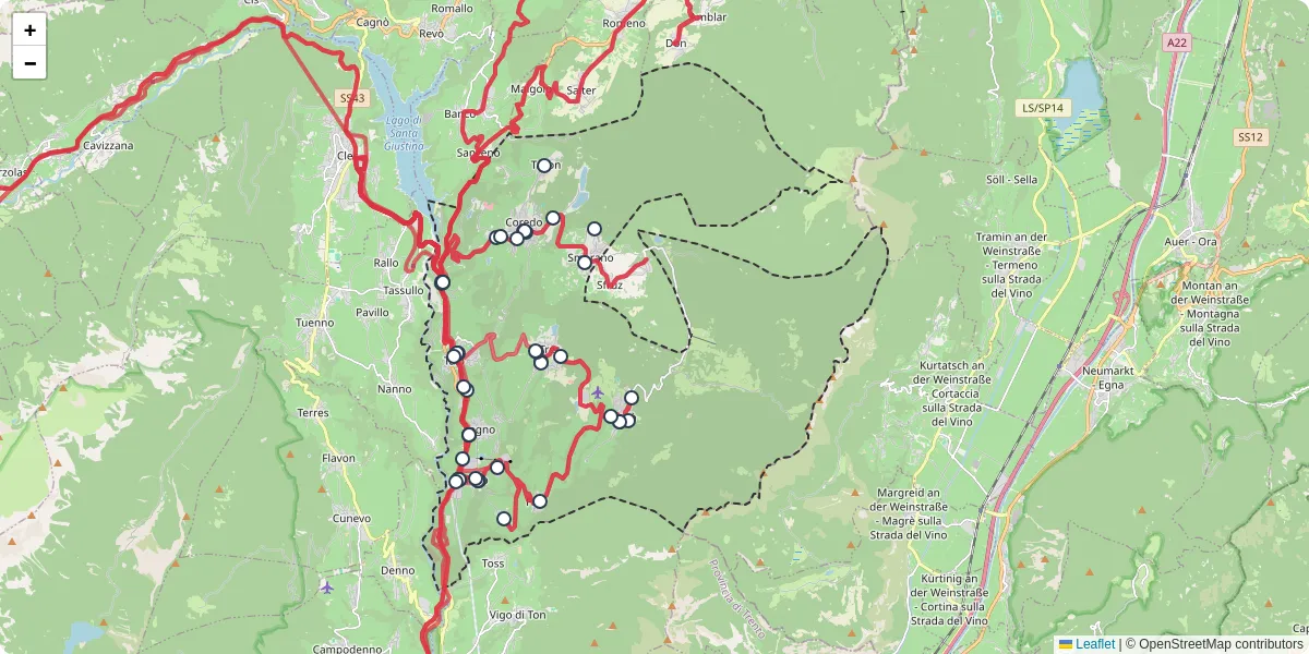 Mappa dettagliata del trasporto pubblico a Predaia con linee autobus, tram e collegamenti