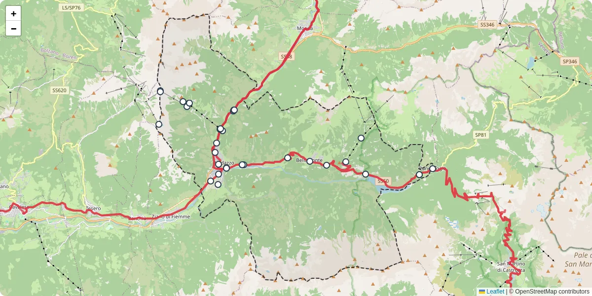 Mappa dettagliata del trasporto pubblico a Predazzo con linee autobus, tram e collegamenti