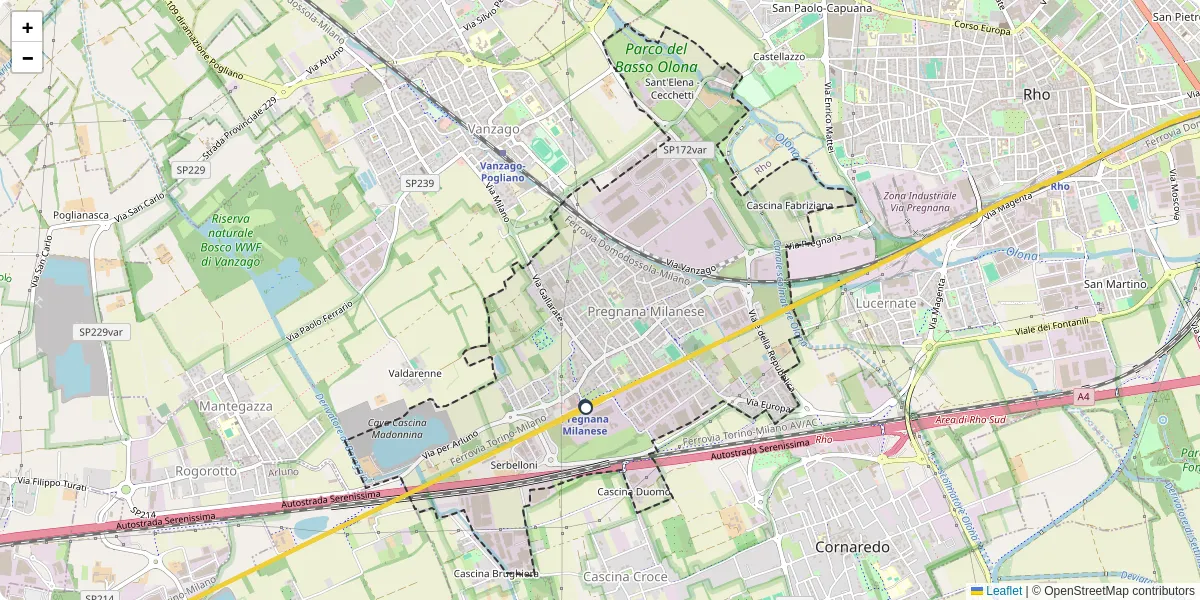 Mappa dettagliata del trasporto pubblico a Pregnana Milanese con linee autobus, tram e collegamenti