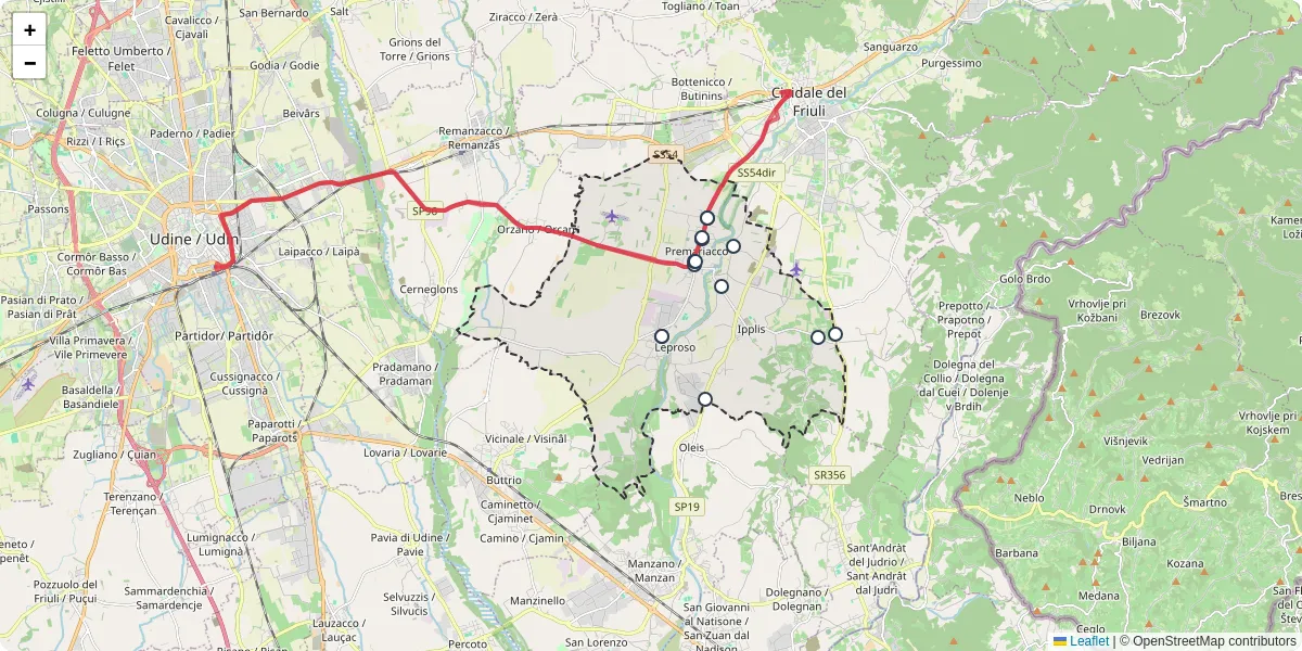Mappa dettagliata del trasporto pubblico a Premariacco con linee autobus, tram e collegamenti