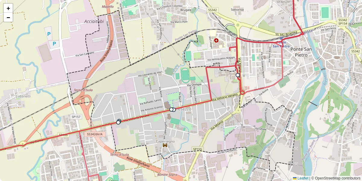 Mappa dettagliata del trasporto pubblico a Presezzo con linee autobus, tram e collegamenti
