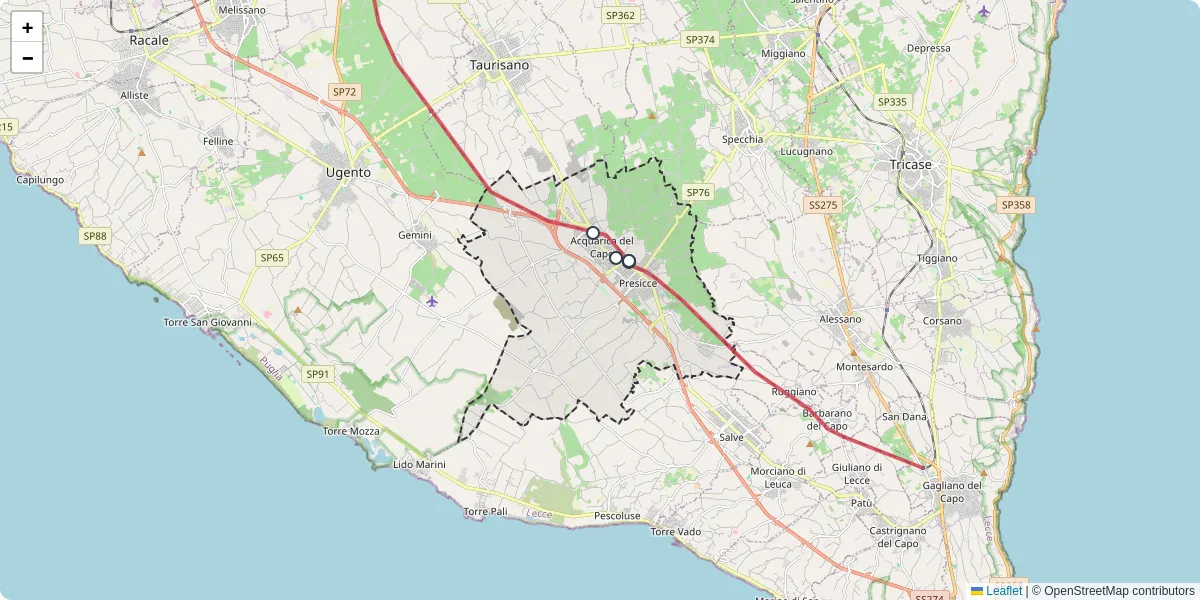 Mappa dettagliata del trasporto pubblico a Presicce-Acquarica con linee autobus, tram e collegamenti