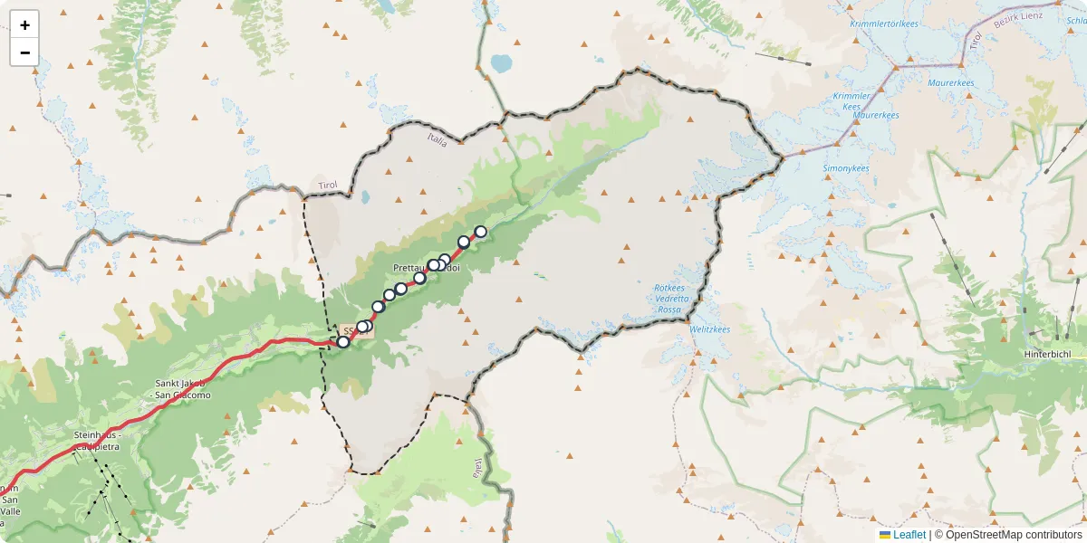 Mappa dettagliata del trasporto pubblico a Prettau - Predoi con linee autobus, tram e collegamenti