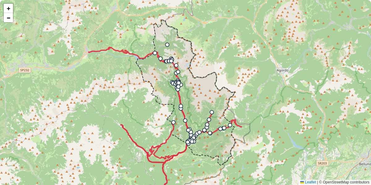 Mappa dettagliata del trasporto pubblico a Primiero San Martino di Castrozza con linee autobus, tram e collegamenti
