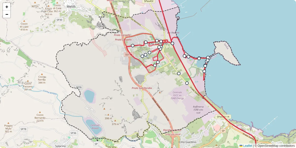 Mappa dettagliata del trasporto pubblico a Priolo Gargallo con linee autobus, tram e collegamenti