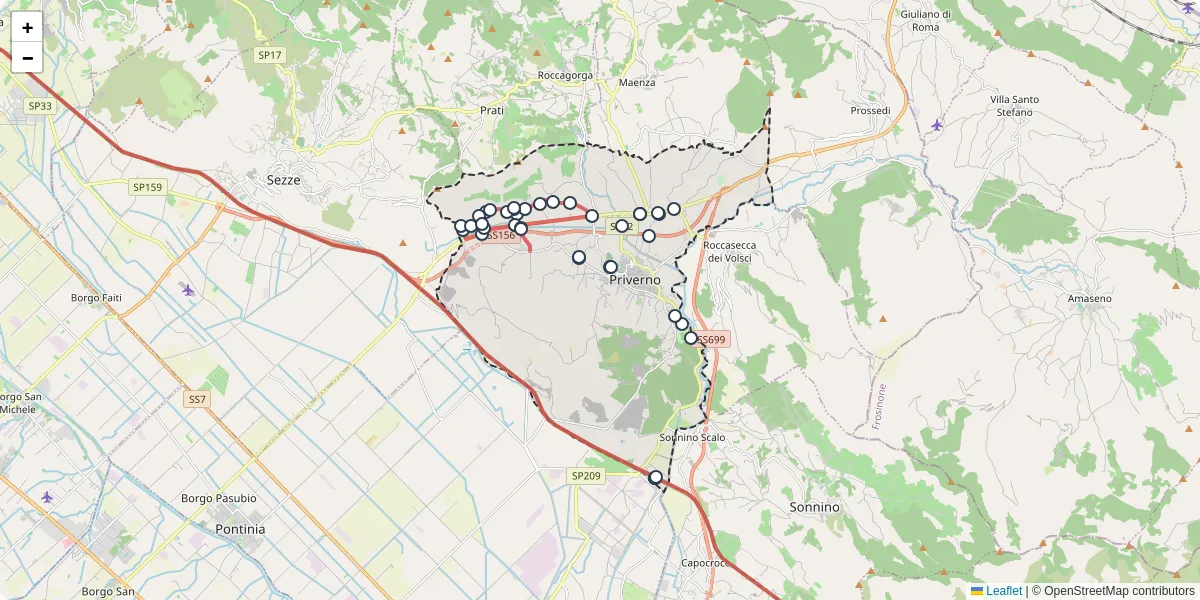 Mappa dettagliata del trasporto pubblico a Priverno con linee autobus, tram e collegamenti