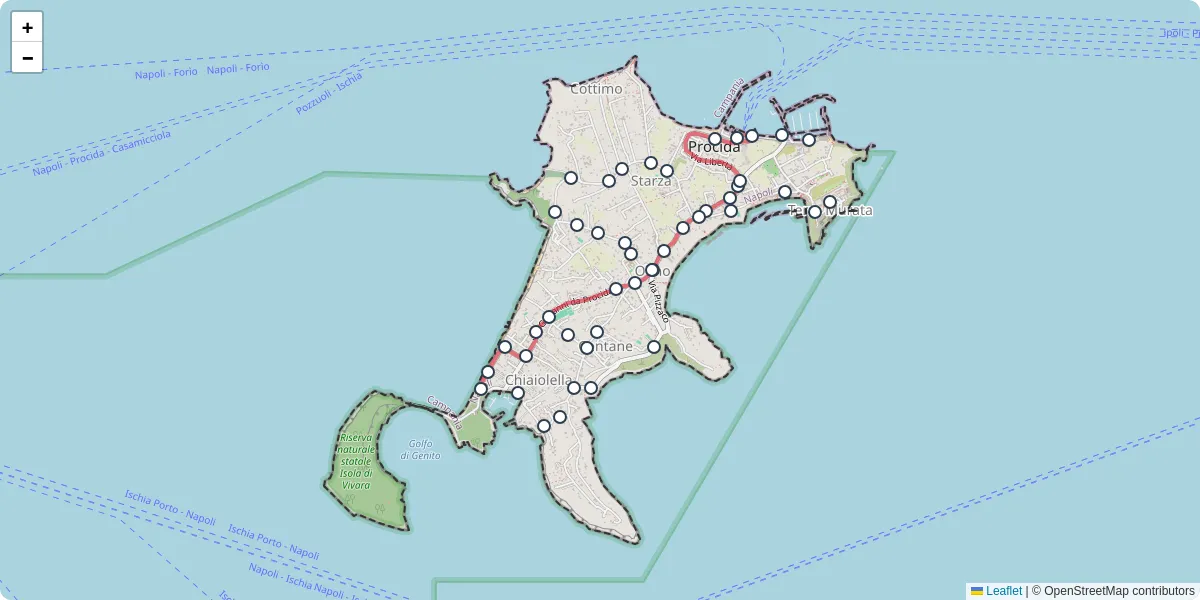Mappa dettagliata del trasporto pubblico a Procida con linee autobus, tram e collegamenti