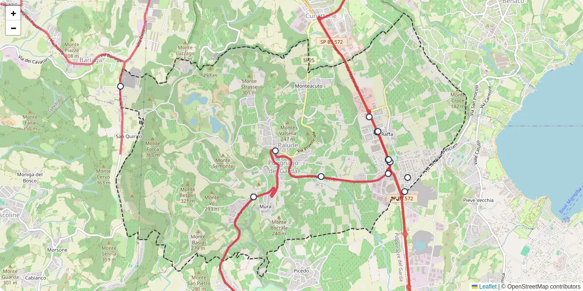 Mappa dettagliata del trasporto pubblico a Puegnago del Garda con linee autobus, tram e collegamenti