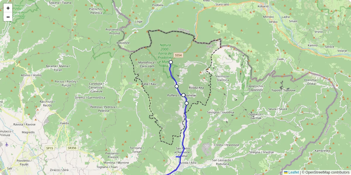 Mappa dettagliata del trasporto pubblico a Pulfero con linee autobus, tram e collegamenti