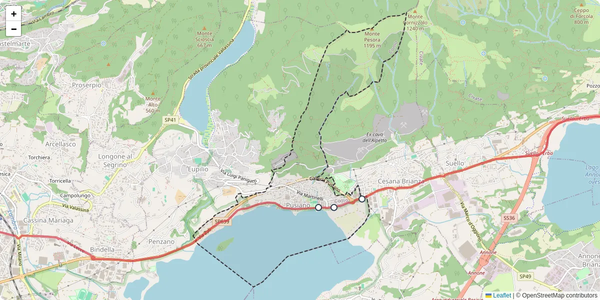 Mappa dettagliata del trasporto pubblico a Pusiano con linee autobus, tram e collegamenti